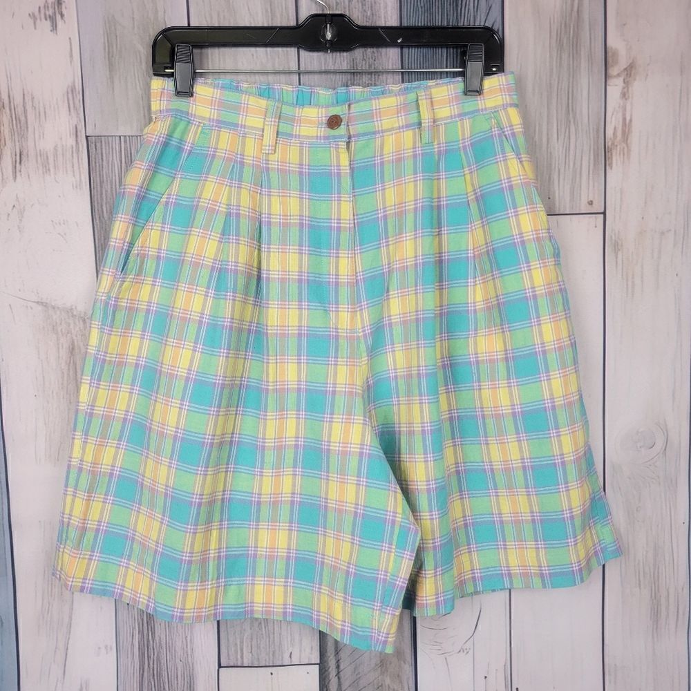 Vintage Karen Scott Highwaist Mom Shorts Blue Yellow Pastel Plaid